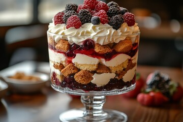 Trifle dessert, berries, cream, restaurant, table