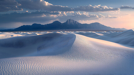 Serene Desertscape: Witness the majesty of a sunlit desert panorama, featuring undulating dunes sculpted by the wind and a distant mountain range under a canvas of clouds. 