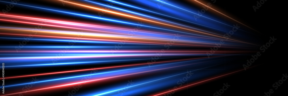 Poster speed light background. color neon spark rays on black. futuristic shiny pattern with bright red and