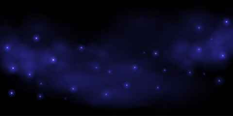 Night starry sky background. Dark sky with glowing blue nebula and sparkling stars on dark backdrop. Cosmic, fantasy, sci-fi, celestial-themed design. Abstract vector illustration. © Mariquita vector