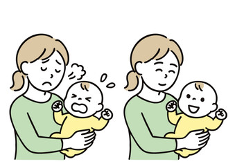 泣く赤ちゃんをあやす母親のビフォーアフターイラスト