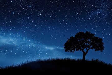 Starry night sky with silhouette tree on grassy hill
