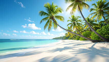 Tropical beach with palm trees, ocean view, relaxation, nature, vacation, holiday, eco-tourism, paradise, tropical, nature escape, tranquility.