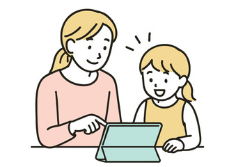 親子でタブレットを使って学習している様子のイラスト