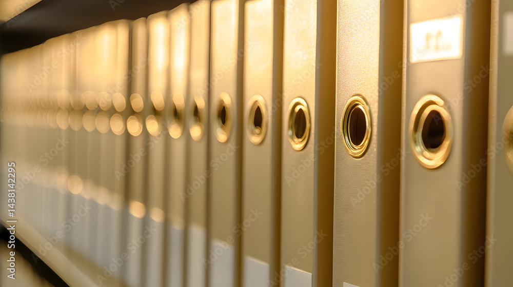 Aufkleber organized rows of identical binders with soft gold highlights office environment close-up view docum