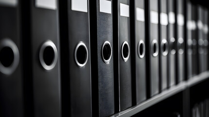 Organized binders displayed on shelves office setting photograph soft highlights close-up view minimalist concept