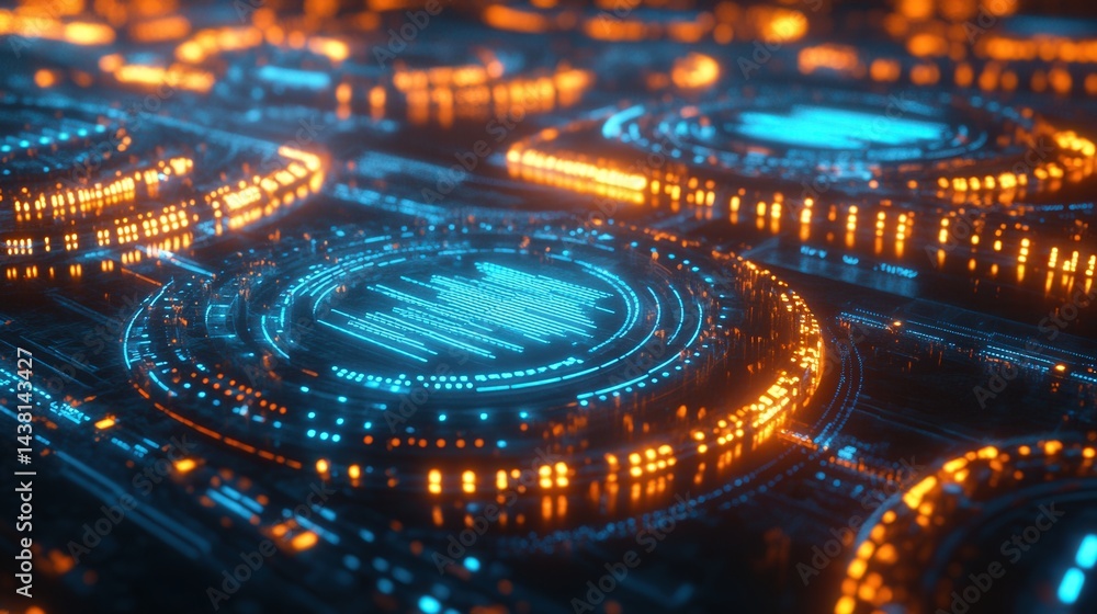 Poster abstract futuristic digital landscape with glowing circuits and data patterns in vibrant colors