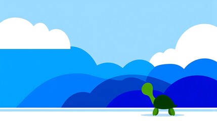 Fototapeta premium Digital art stylized turtle against a landscape of blue hills and clouds