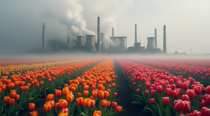 Polluted industrial landscape with tulip field in foreground. Concepts: pollution, industrialization, climate change, agriculture, environment, sustainability, green energy. Can be used in environment