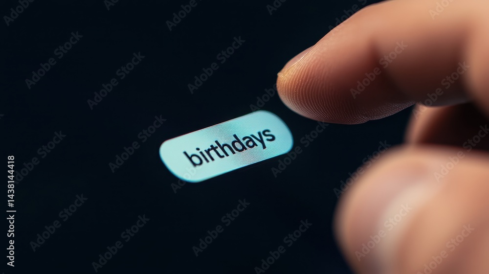 Poster close-up of a finger selecting a birthdays option on a touch screen.