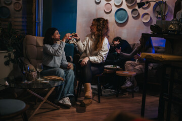 Group of friends gathered in a warm and intimate lounge, sharing food and engaging in lively conversation amidst a chic and inviting ambiance, perfect for socializing and bonding moments.