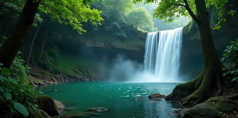 Dark, misty waterfall plunges into emerald pool, ancient trees surround , image, serene