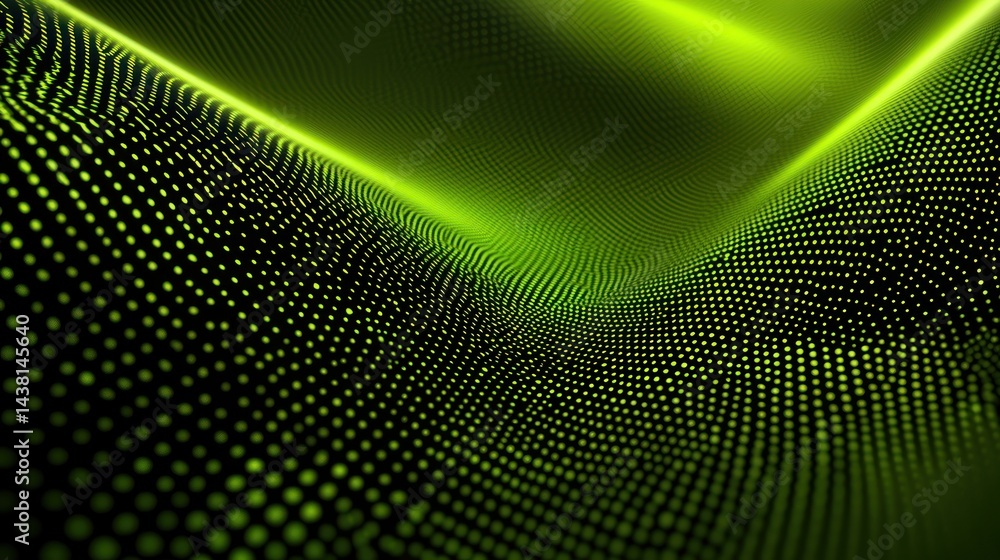 Poster abstract green digital wave: a mesmerizing display of luminous particles undulating across a dark ba