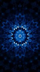 Obraz premium a mesmerizing kaleidoscope of Bluebells flower petals arranged in fractal symmetry, glowing softly against a deep indigo void, subtle prism refractions, created b y generative ai