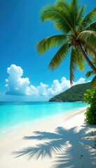Azure waters lap white sandy beach, lush palms sway gently , turquoise, white, landscape