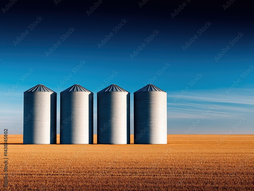 Poster cluster of futuristic silos in vast flat farming area blue gradient sky with minimal landscape and s