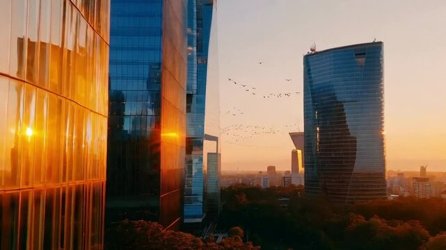 Golden-hour sunlight reflecting off glass skyscrapers in a modern city. A flock of birds flies past in the distance as tree leaves rustle softly in the foreground. Warm tones, cinematic depth.