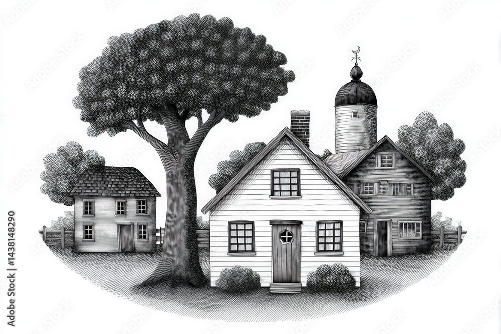 Aufkleber grayscale artistic image of small rural house with tree and clouds minimal scene with nostalgic arch