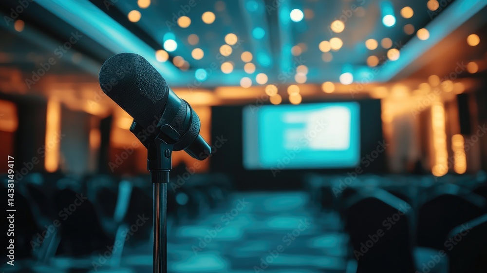 Poster stage lighting setup focused on podium with presentation screen in background waiting for speaker