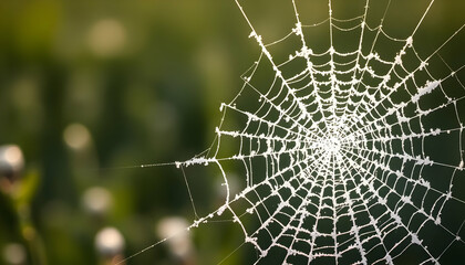 Delicate Spiderweb With Dewdrops Under Sunlight
