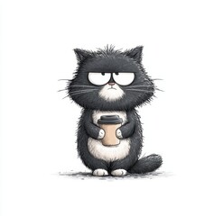 A black and white cat holding a cup of coffee