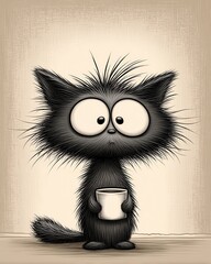 A black cat holding a cup of coffee in its paws