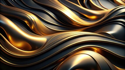 Abstract 3D Illustration of Intertwining Gold and Black Curvy Lines and Shapes