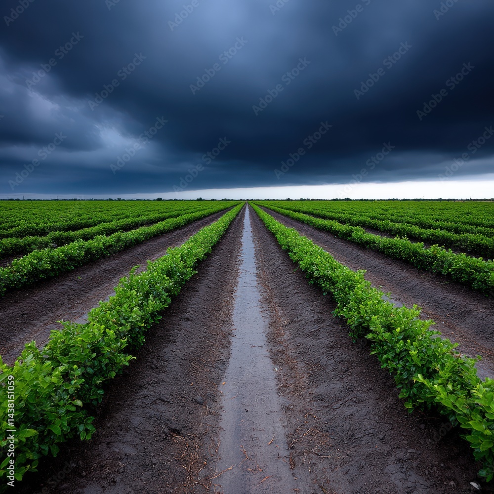 Poster well maintained farming field with symmetrical crop rows under dramatic cloudy sky shot in perspecti