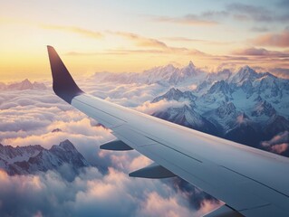 Obraz premium An awe-inspiring photo capturing the serene beauty of an airplane's view from above, featuring a sunset painting the sky in hues of orange and pink while majestic mountains rise in the background.
