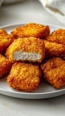 Crispy golden breaded chicken nuggets served on a white plate with a blurred background for delicious fast food or snack presentation