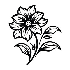 Black and White Blossom Blooming Flower with Detailed Leaves and Stem Outlines Design