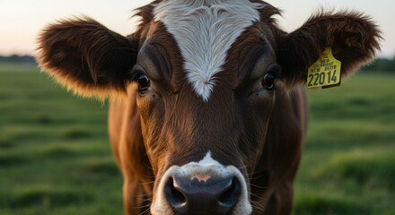 A close-up of a cow&rsquo;s face with big, expressive eyes, standing in a grassy field, soft sunlight illuminating the scene, showing the connection between humans and these valuable animals
