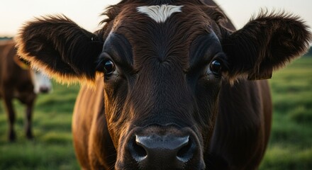 A close-up of a cow&rsquo;s face with big, expressive eyes, standing in a grassy field, soft sunlight illuminating the scene, showing the connection between humans and these valuable animals