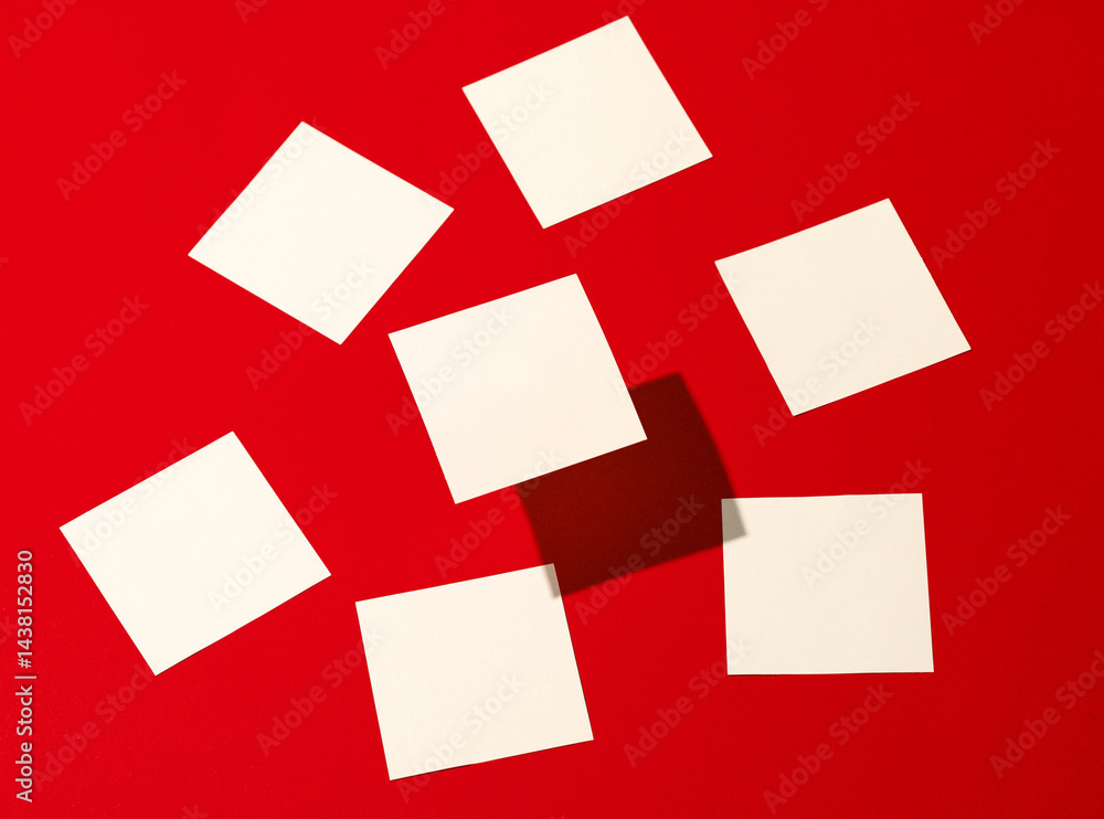 Poster white blank square memo papers on red background with a shadow. template for design, mockup