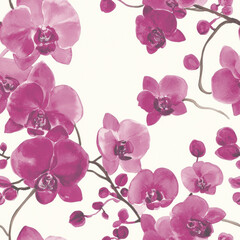 Vibrant watercolor orchids on seamless white background in summer