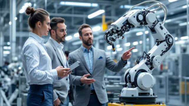 Team of engineers in suits and lab coats discussing robotic arm in modern factory. Concept of innovation in smart manufacturing