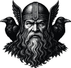 Odin with ravens vector black silhouette print design