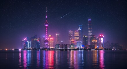 Fototapeta premium A Breathtaking Night View of Shanghai's Cityscape Skyscrapers and Buildings Illuminated Under the Stars