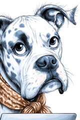 A drawing of a dog with a scarf around its neck