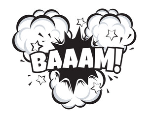 Doodle speech bubble. Comic boom explosion with text and smoke clouds, onomatopoeia sound labels, funny dialog balloon message pop art style. Vector impact graphic