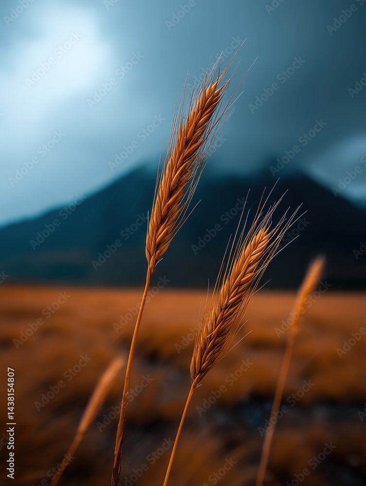 Poster close up view of wheat spikes in moody sunset lighting showing grain texture and golden crop pattern