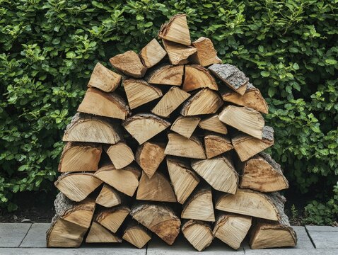 A pile of seasoned firewood in an outdoor setting. - Powered by Adobe