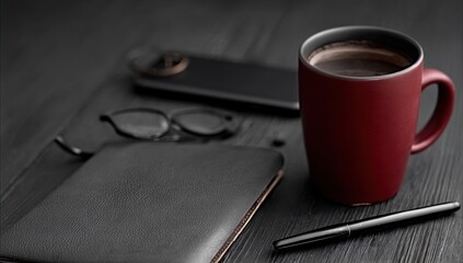 A cup of coffee next to a notebook and a pen