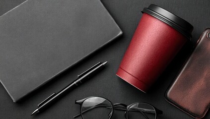 A cup of coffee, a pen, glasses, and a notebook on a table