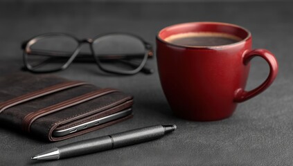 A cup of coffee, a pen, a wallet, and a pair of glasses on a table