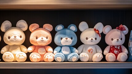 Adorable Collection of Soft Toys and Plush Dolls Displayed on Shelf in Children's Room