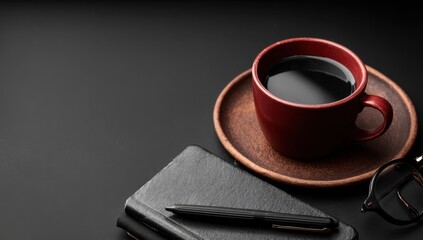 A cup of coffee and a pen on a black table
