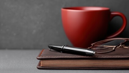 A red cup of coffee and a pen on top of a book