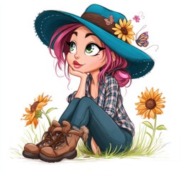 A girl sitting in the grass with a hat and boots