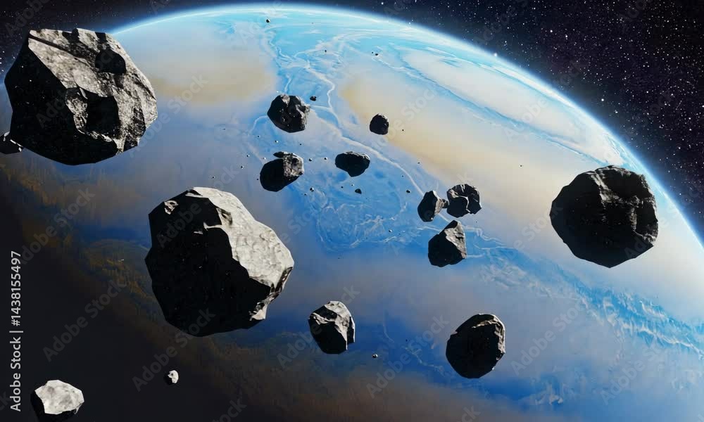 Poster asteroids flying through solar system with planet and blue light in the background